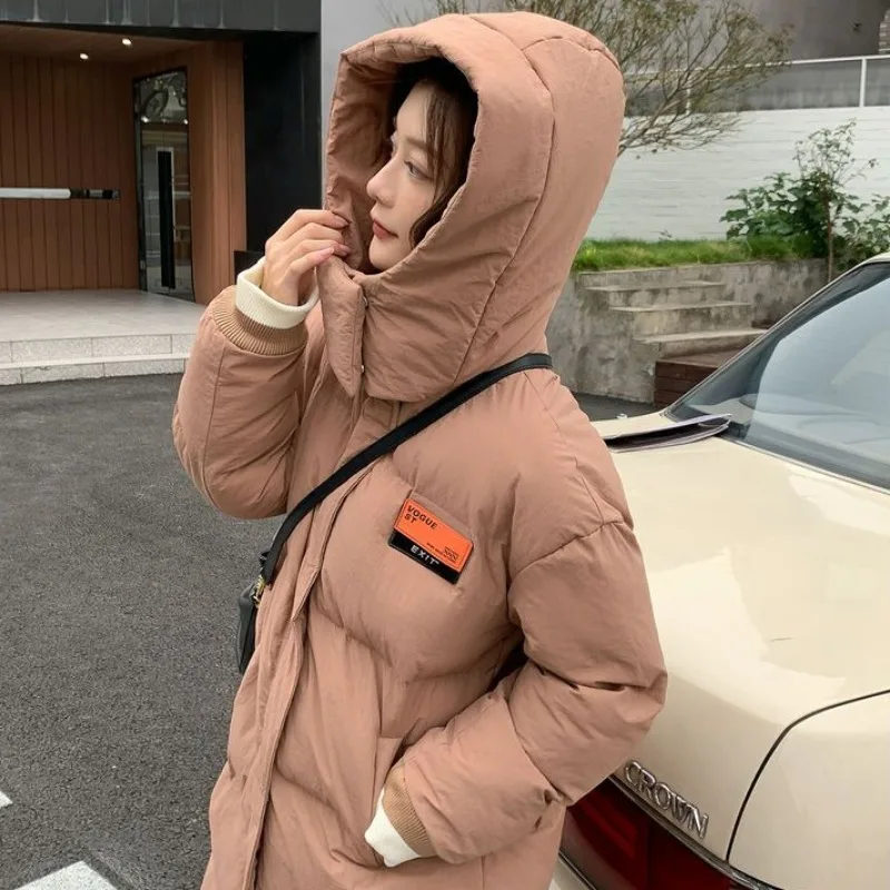 2024 New Women Down Cotton Coat Winter Jacket Mid Length Version Versatile Parkas Loose Thicken Outwear Hooded Simple Overcoat