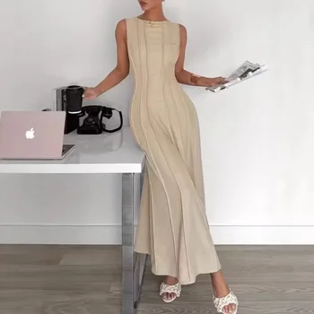 Women's Dresses Fashion Stylish Pleated Design Female Sleeveless Dresses High-End Elegant Banquet Ladies Basic Long Dresses 1