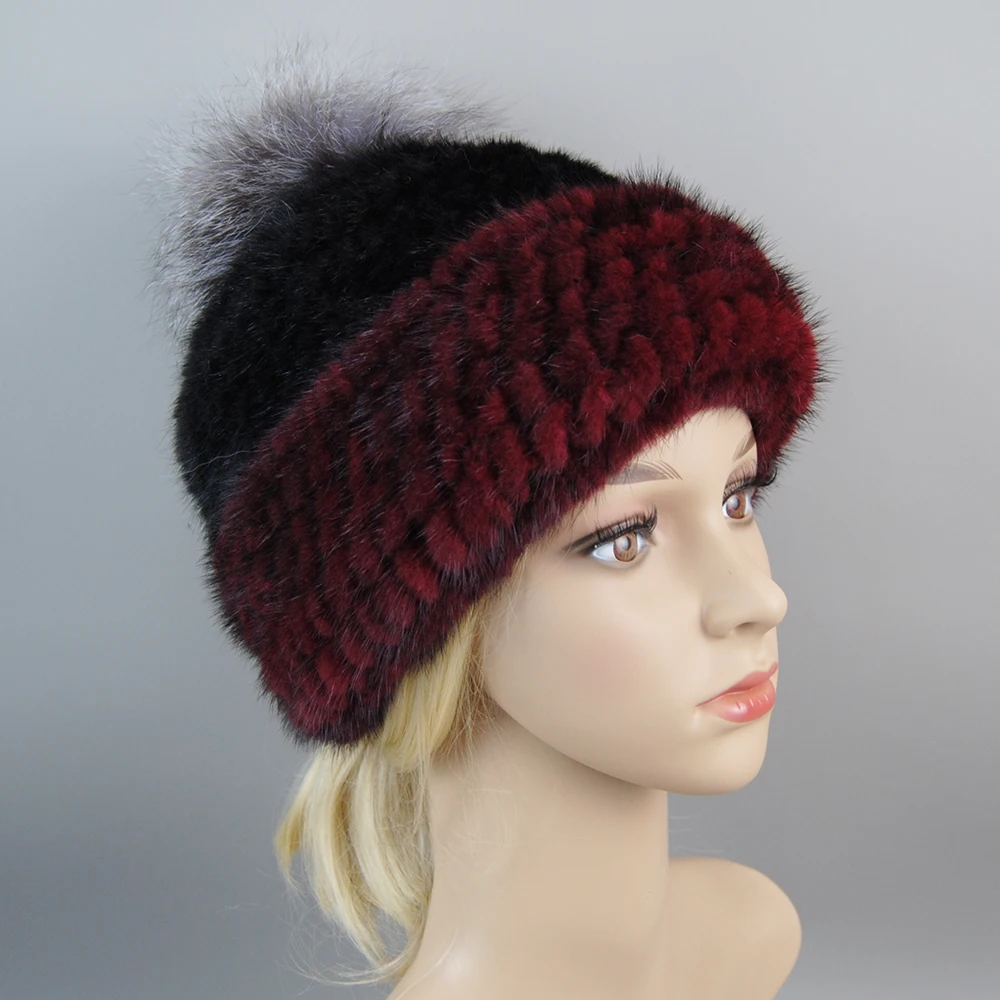 Fashion Real Mink Fur Hat For Winter Women Imported Knitted Mink Cap With Fox Fur Hot Sale High Quality Women Beanies Hat