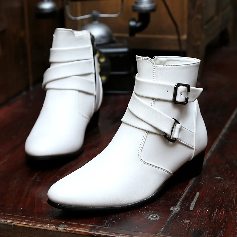 Luxury Leather Chelsea Boots Men Designer White Dress Boots Men Casual High top Buckle Strap Formal Shoes Motorcycle