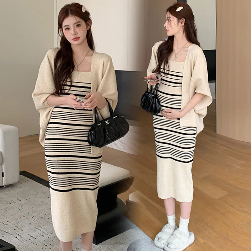 Autumn Winter Fashionable Knitted Stripe Strap Dress+Batwing Sleeve Maternity Sweater Twinset Pregnant Woman Nursing Dress Suits