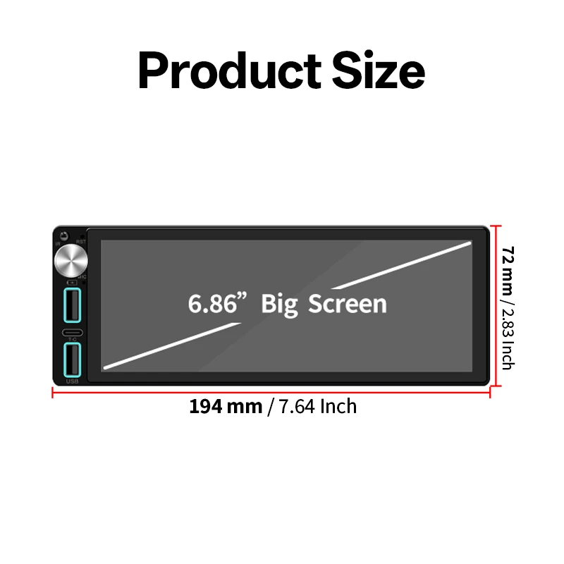 1Din Car Radio Stereo 6.86 Inch Carplay Android Auto Multimedia Video Player IPS