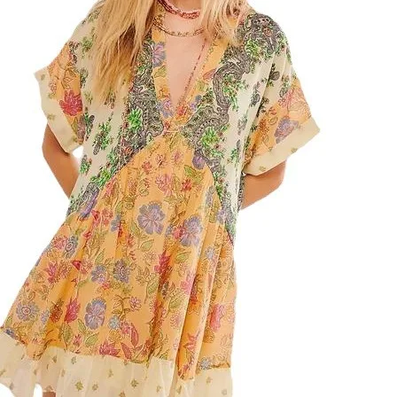 Color Vintage Print Mini Dresses Women Spring Summer New V-neck Short Sleeves Folds Loose Irregular Short Dress Fashion Vestidos