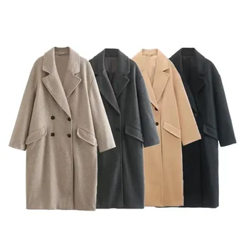 PB&ZA 2023 Autumn/Winter New Women's Unisex Mid Length Double Breasted Windbreaker Woolen Coat Coat