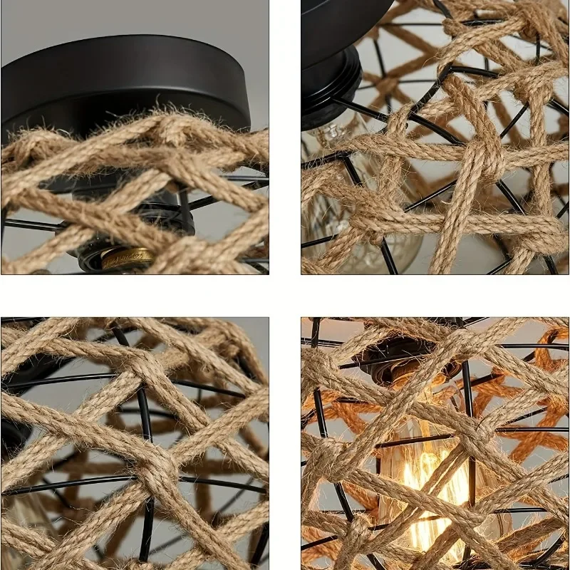 Hemp Rope Ceiling Light Fixtures Natural Woven Rattan Wicker Chinese Style Lampshade for Kitchen Bedroom Hallway Decor Lighting