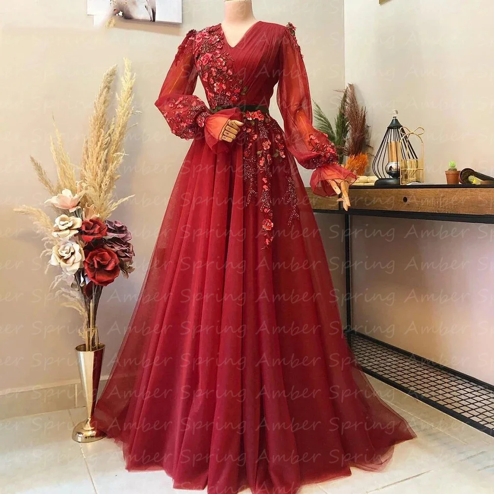 

Gorgeous Red Formal Prom Dresses Long Sleeves Floral A Line Wedding Party Evening Gowns Arabic Dubai Vestidos De Noche