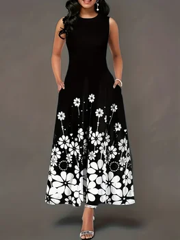 Summer new fashionable sleeveless printed loose round neck simple temperament dress 1