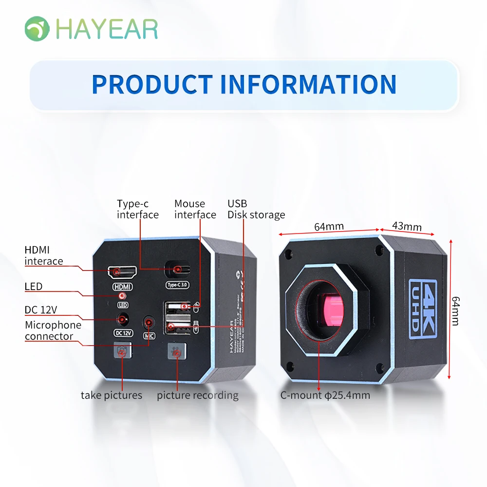 헤이어 8MP 4K 60FPS 1/1.8 인치 IMX678 산업용 C-마운트 카메라 전자제품 납땜 수리용 측정 카메라