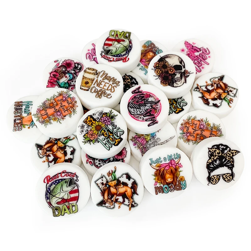 10Pcs New Disc Colour Printing Silicone Beads Food Grade Silicone Focal Bead For Jewelry Making DIY Necklace Accessories 5