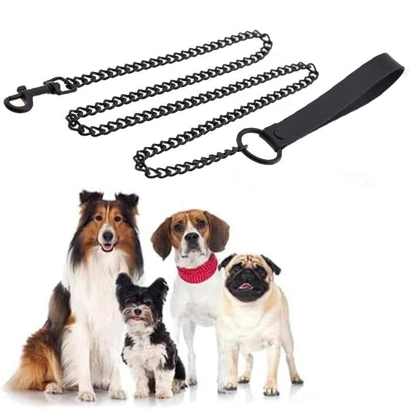Heavy Duty Chain Dog Leash – Leather Handle, Chew-Proof 115cm 5