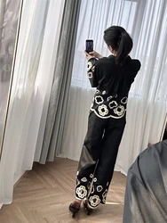 Track suit set M Family Black Clover Hollowed out Embroidered Long sleeved Shirt Top Wide Legged Straight Leg Pants Female