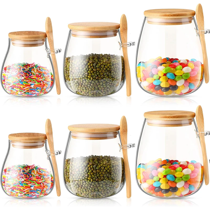 Frasco de vidrio de 350/600/1000 ml con tapa hermética de bambú y cuchara adjunta, recipiente para té, café, sal, azúcar, especias y condimentos