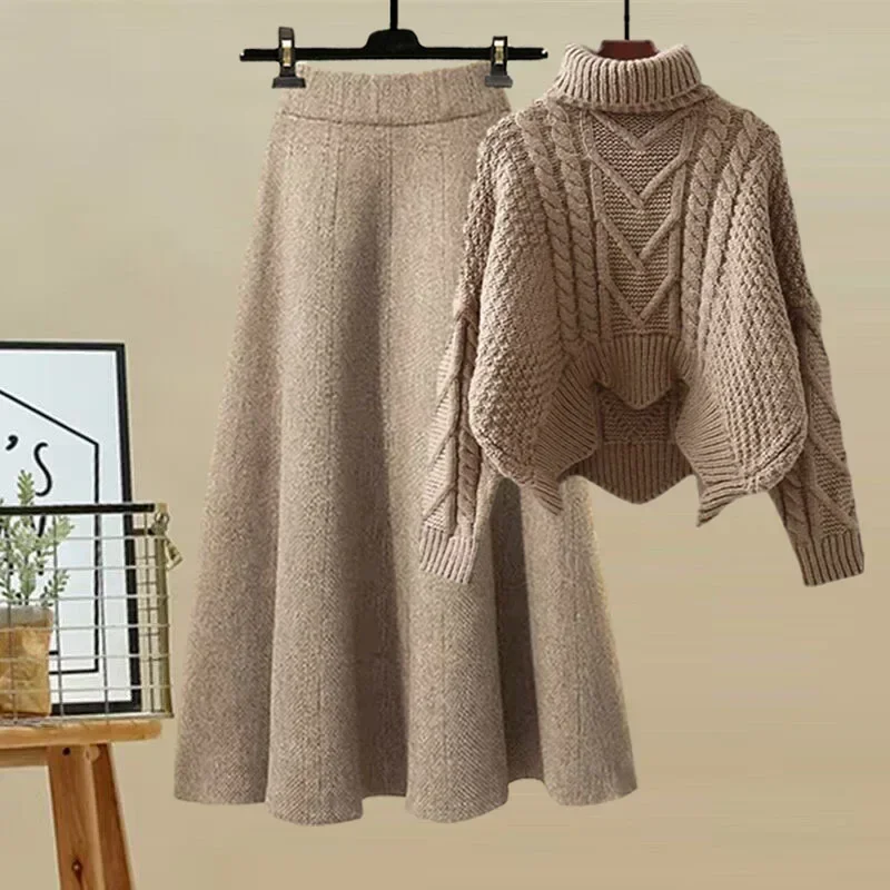 2025 New Women's Polo/Turtle Neck Knit Sweater 2-Piece Set Slimming Skirt Crossbody Design Sensibility for Autumn/Winter 1