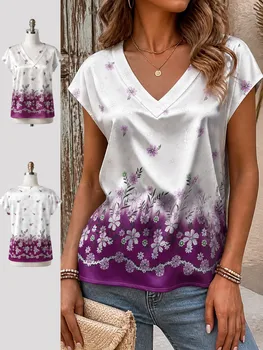 Printed Satin Women's V-Neck Short-Sleeve T-Shirt, Loose Fit, Casual Summer Top, Street Style, Hot Selling Item