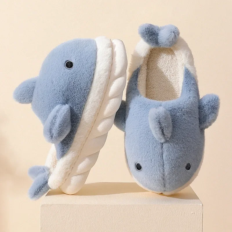 

GOOHOJIO Cute Home Plush Slippers For Women Men Cartoon Furry Shark Slippers Indoor Thick Bottom Non-slip Slides Bedroom Shoes