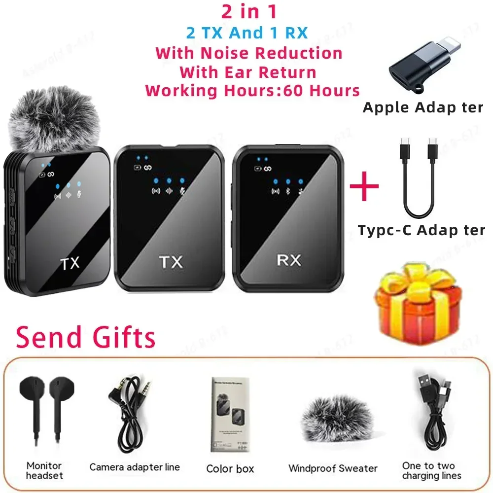 

Wireless noise canceling microphone system portable collar clip microphone podcast interview camera recording video with gift