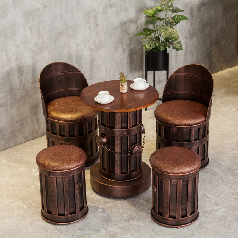 Customized Wrought Iron Old Round Stool Chair Retro Industrial Style Bar Table and Chair Oil Drum Table and Chair Combination