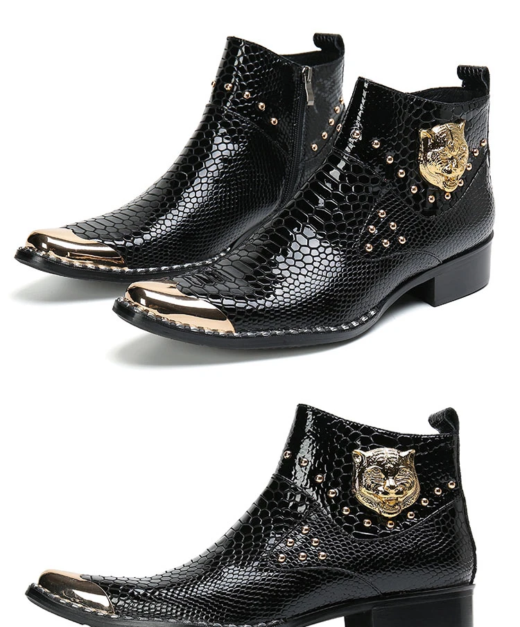 Handgefertigte Herren-Stiefeletten im italienischen Stil aus echtem Leder mit spitzer Zehenpartie und Eisenkappe, Punk-Mode-Schuhe für Partys. – Detail 2