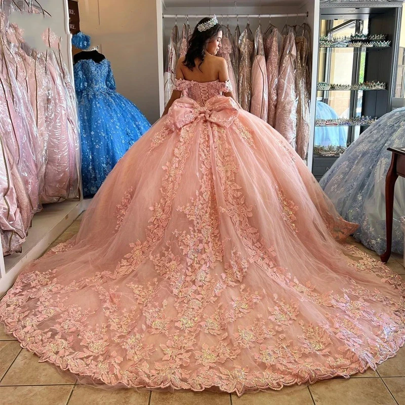 

ANGELSBRIDEP розовые мексиканские платья Quinceanera с большим бантом, бисером, аппликацией и блестками, милое платье 16, платья 15 лет