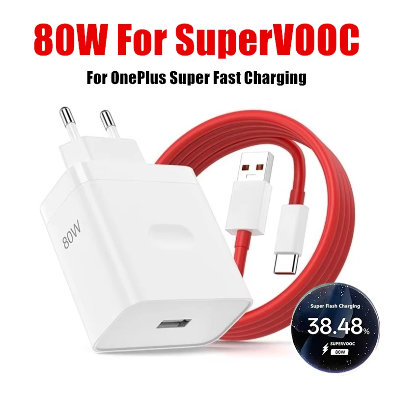 Ultra-Fast 80W SuperVOOC EU Charger with USB-C Quick Charge Cable
