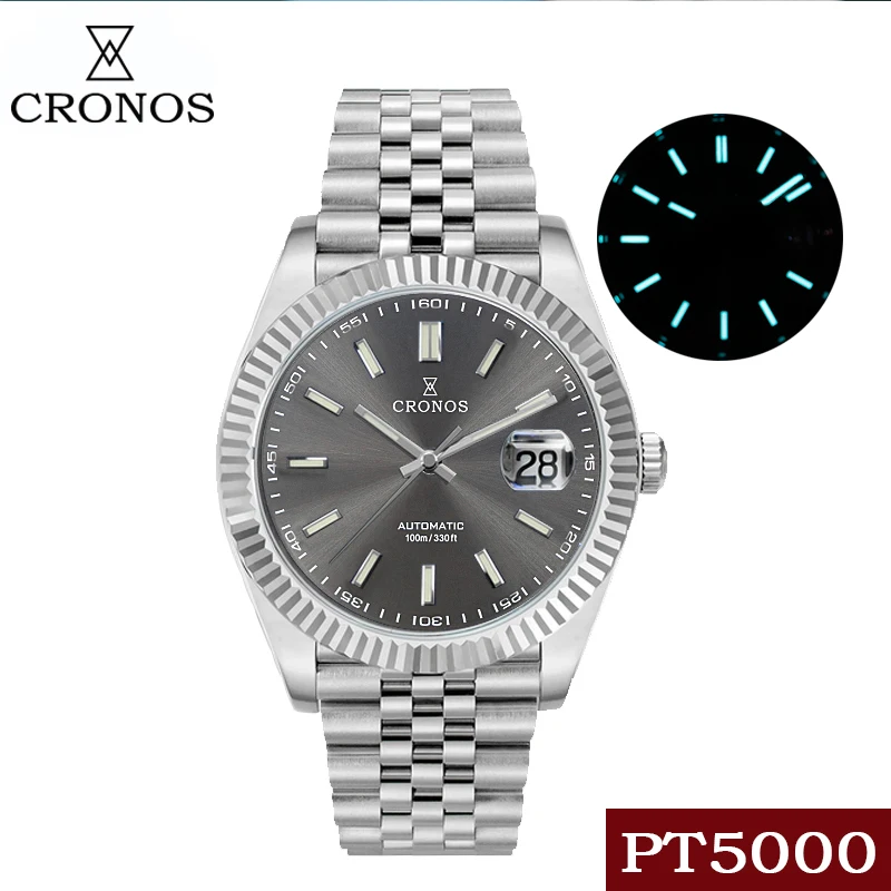 

Cronos Date Luxury Men Dress Watch Stainless Steel 5 Links Bracelet Copper-Nickel Platinum PVD Bezel 100m Waterproof Resistant