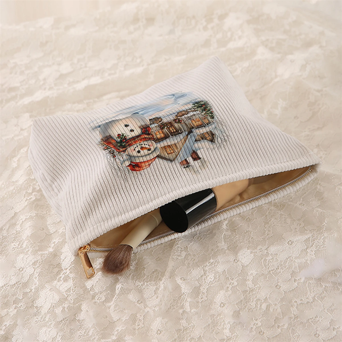 1 Christmas snowman patterned corduroy makeup bag, lightweight zipper makeup storage box, multifunctional bag with lining
