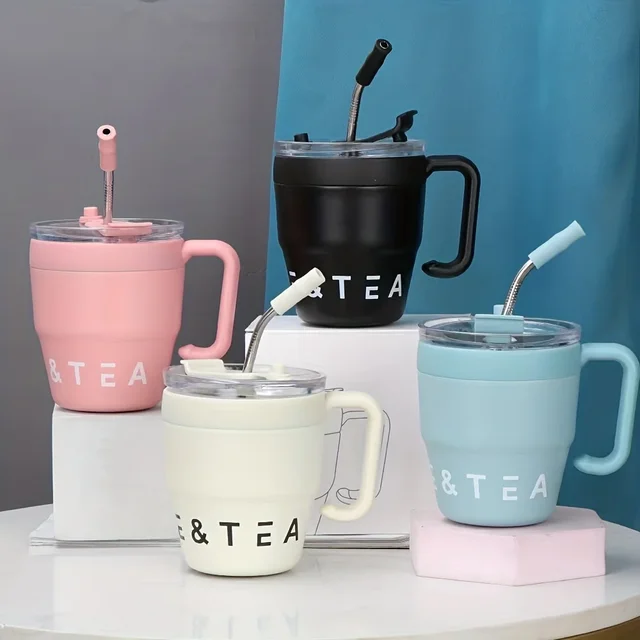 Tasse à café avec couvercle en paille de 480ml, Thermos en acier inoxydable pour boissons chaudes et froides, eau, thé, lait, bouteille Portable d'extérieur pour le bureau 2