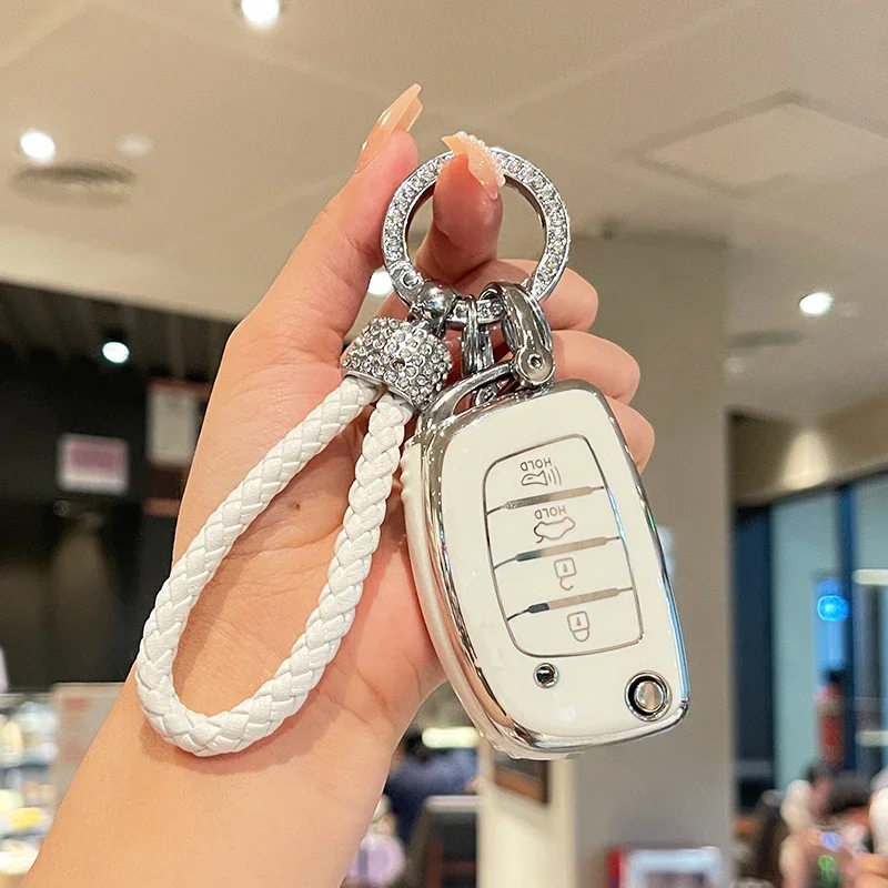 

4 Buttons TPU Car Flip Key Case Cover Shell for Hyundai Sonata 2015 Santa Fe 2013 GLS Folding Key Fob Rope Keychain Accessories