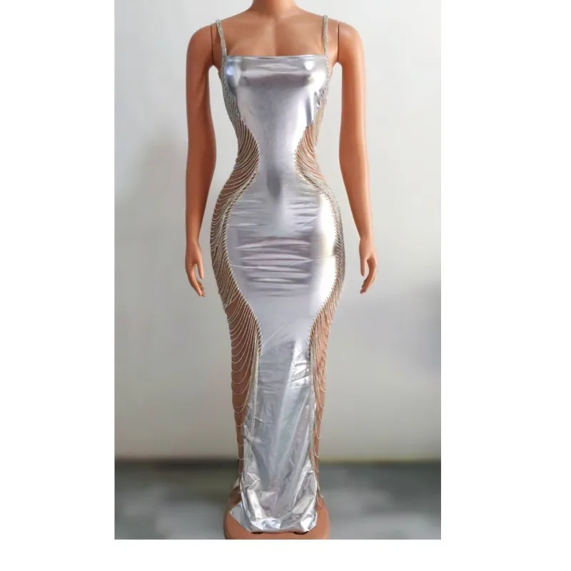 

Dancer Dress Birthday Celebrate Outfit Silver Crystals Chains Transparent Leather Splicing Long Dress Evening Bar