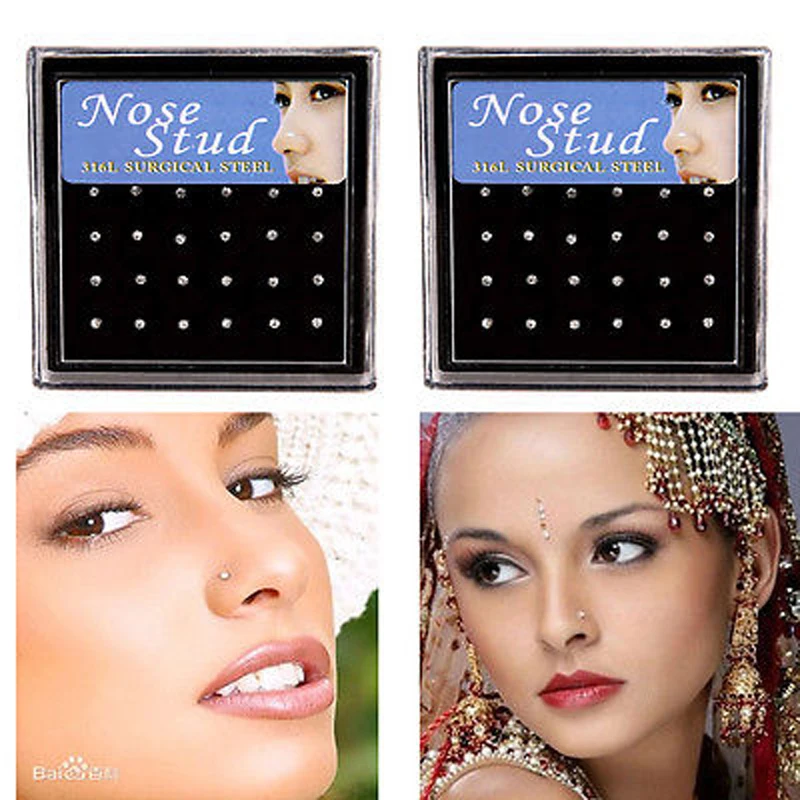 Piercing Jewelry 24pcs Crystal Nose Ring & Studs Fashion Body Women Girl Stainless Surgical Steel Nose Piercing Colorful Rhinestone