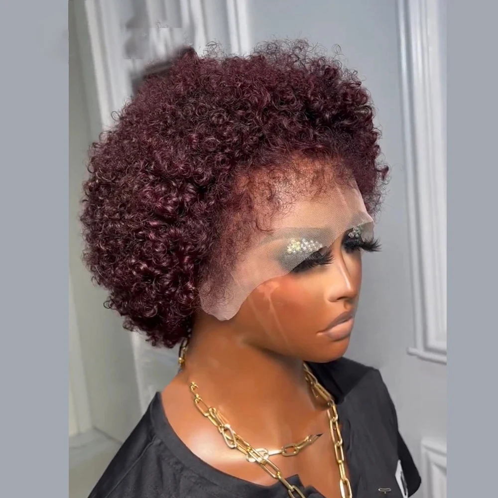 Short Wigs Human Hair Jerry Curly Human Hair Wigs 99J Pixie Cut Bob Wig Transparent 13x4 Lace Frontal With Curly Edges