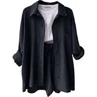 Summer Cotton Linen High Waist Shirt Shorts Women Turn Down Collar Long Sleeve Tops and Shorts Suit Cotton Casual Two Piece Sets - Image 4