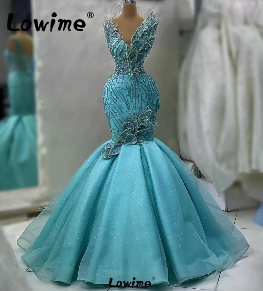 

Feathers Tiered Mermaid Prom Dresses Elegant Evening Gowns V Neck Aso Ebi Arabic Engagement Party Wedding Dresses Robe De Soirée