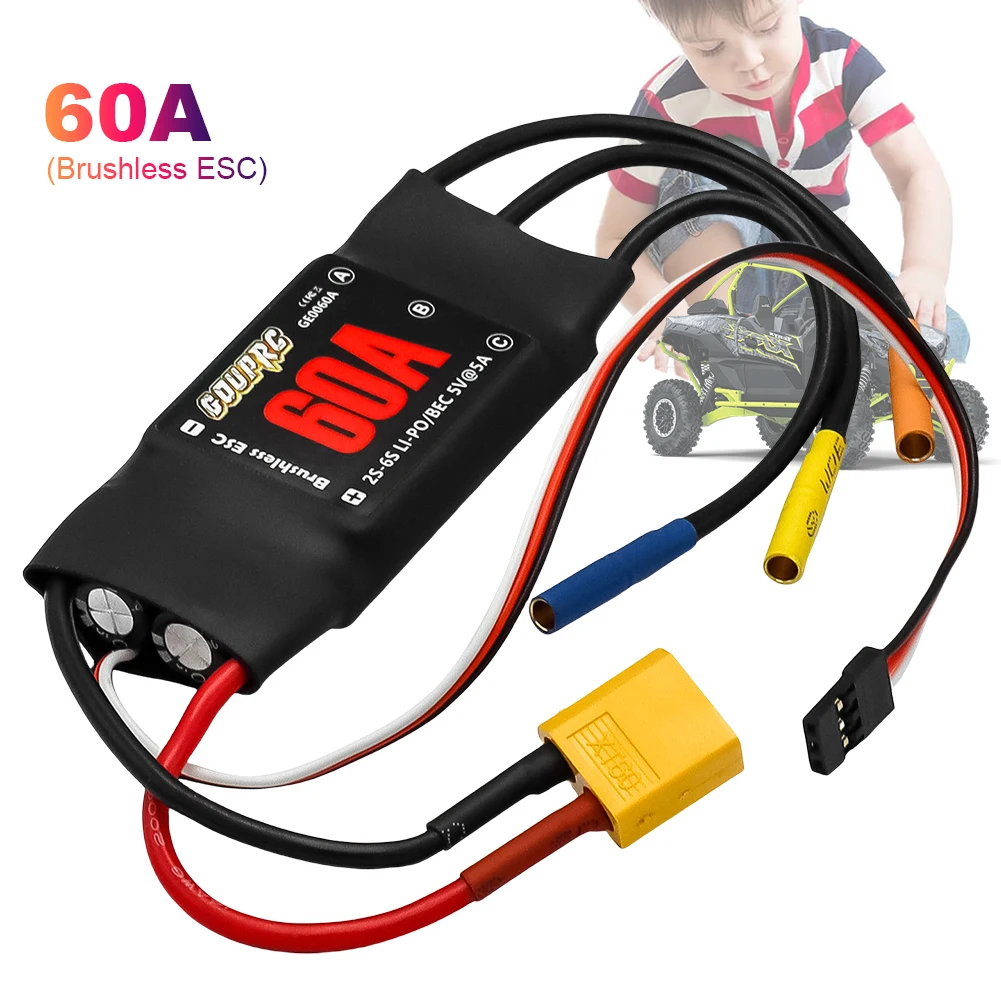 Connecteurs XT60 dorés sur l'ESC Brushless 60A, adaptés pour batterie 2-6S.