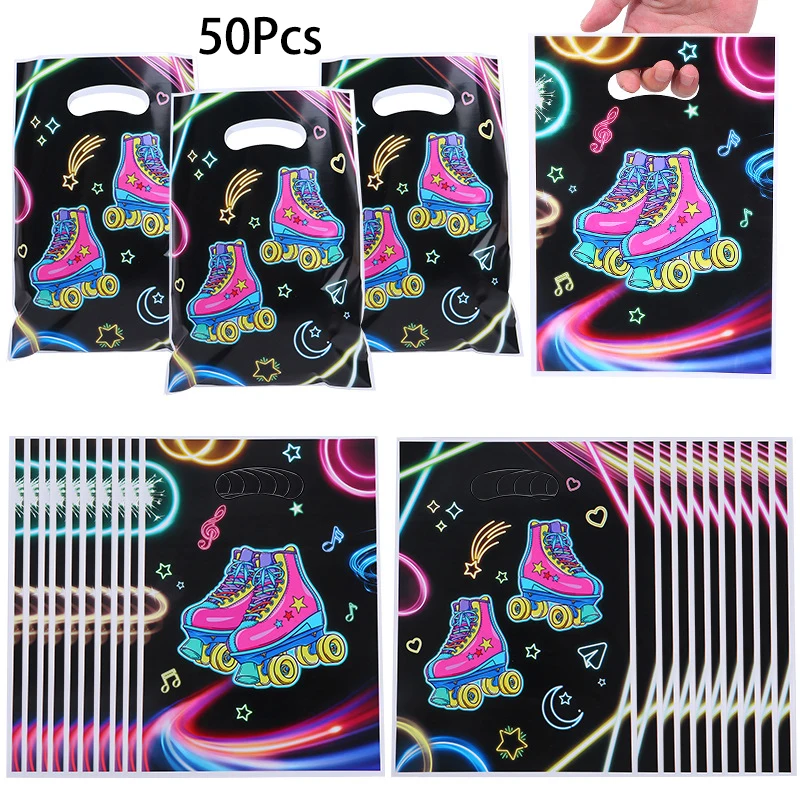 50 Stück Cartoon Rollschuhlaufen OPP Geschenkverpackung Taschen Süßigkeiten Leckerli Taschen für 80er 90er Hip Hop Thema Geburtstag Ruhestand Party Dekor