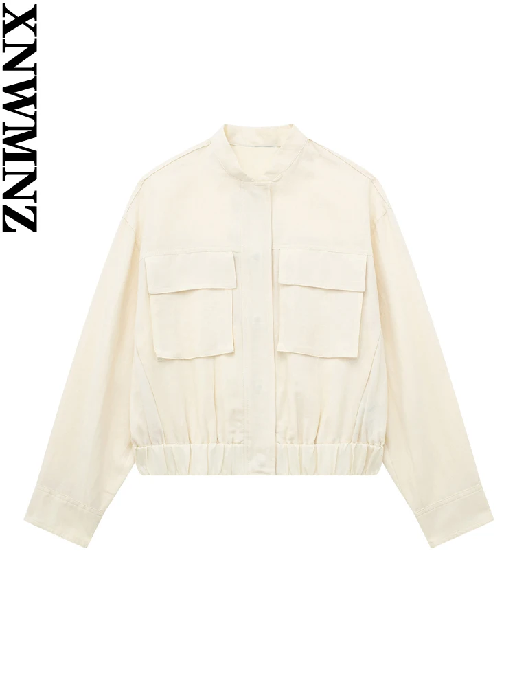 

XNWMNZ Women's Fashion 2023 Linen Blend Pocket Bomber Jacket or Mid Rise Zipper Skort Office Lady Versatile Female Two Piece Set