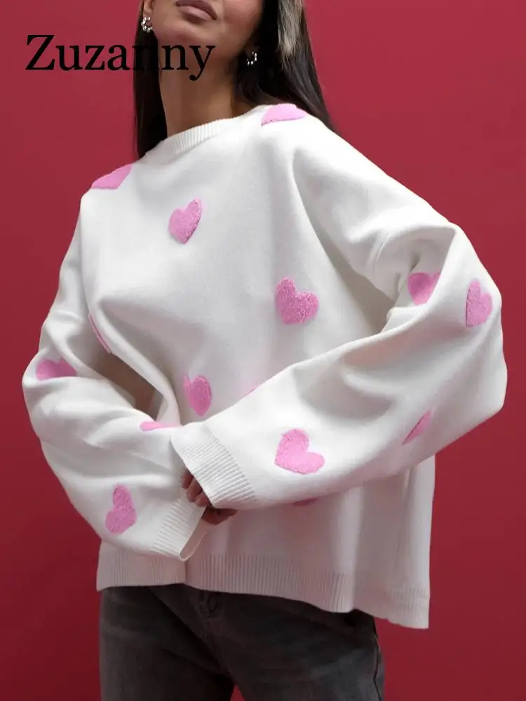 

Zuzanny Love Hearts Sweater Women Pullovers Knitted O Neck Long Sleeve Loose Tops Y2K Oversized Autumn Winter Casual Thick