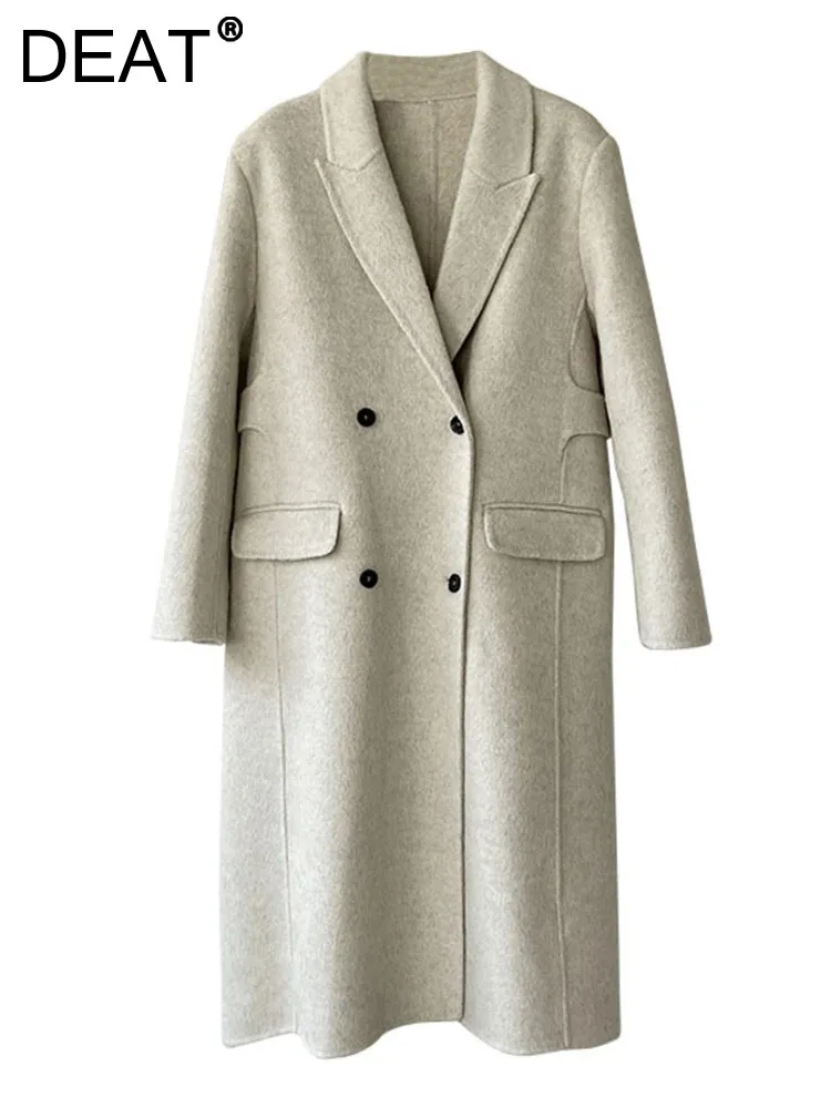 

DEAT Fashion Women's Woolen Coat Notched Double Breasted Pockets Patchwork Loose Thickem Overcoat Winter 2024 New Tide 7AB2366