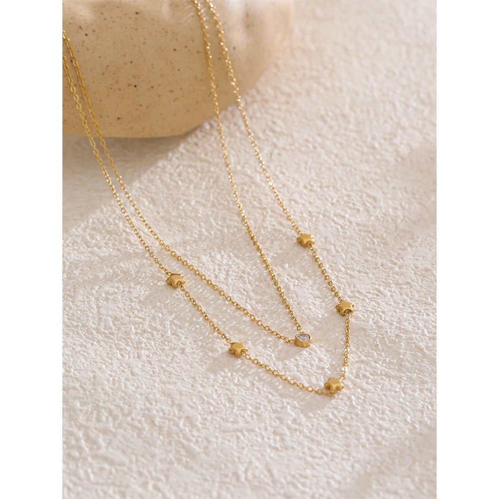 Yhpup Stainless Steel Double Layer Star Zircon Chain Necklace