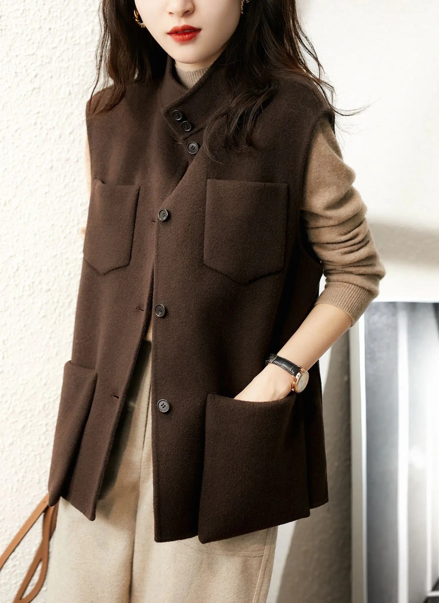 

Sleeveless Jacket Women Fashion Pockets Vest Wool Coat outwear New Arrival