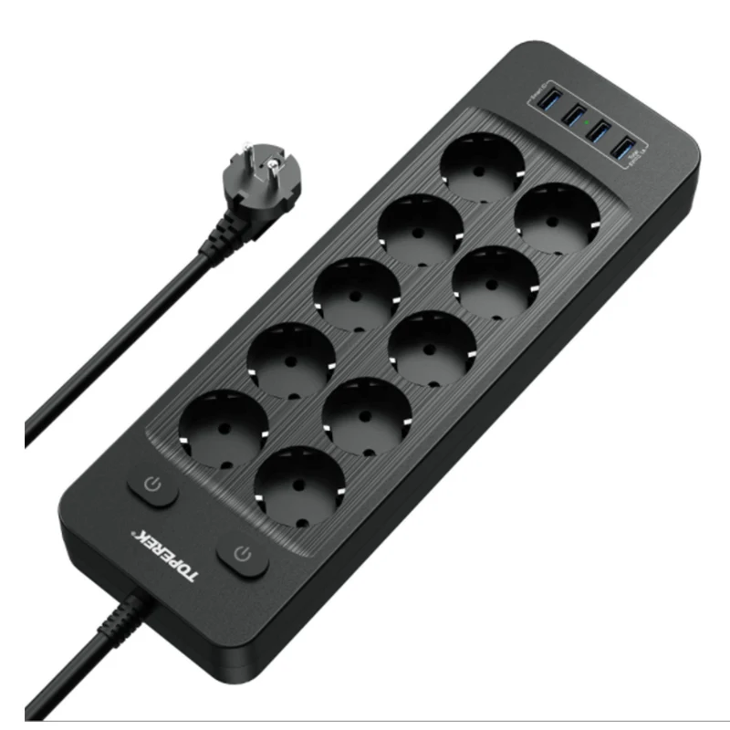 

European Socket 10 Outlets 4 USB Ports Plug Socket Extension Cable 2M Power Strip Plug Network Filter for Home Office