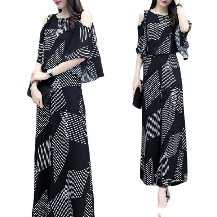 

2022 Summer Women's Clothing Western Style Fat Women's Wide Leg Pants Casual Sports Suit Women Clothing 2 Pieces Set