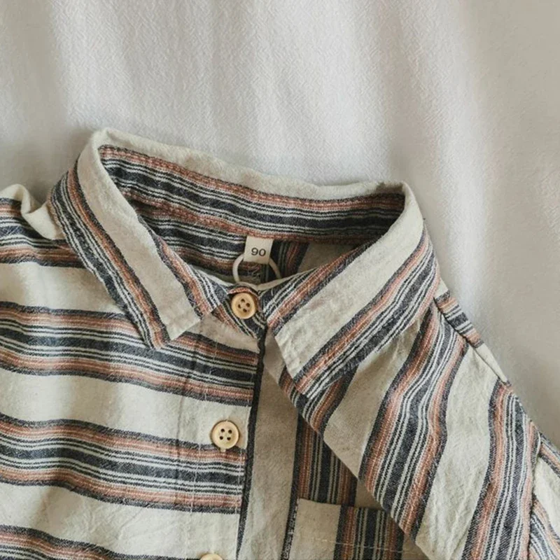 Children's Retro Striped Irregular Cotton Linen Shirt Autumn Korean Literary Baby Boys Buttons Long-Sleeved Shirts WT055 kids shirts boys shirts