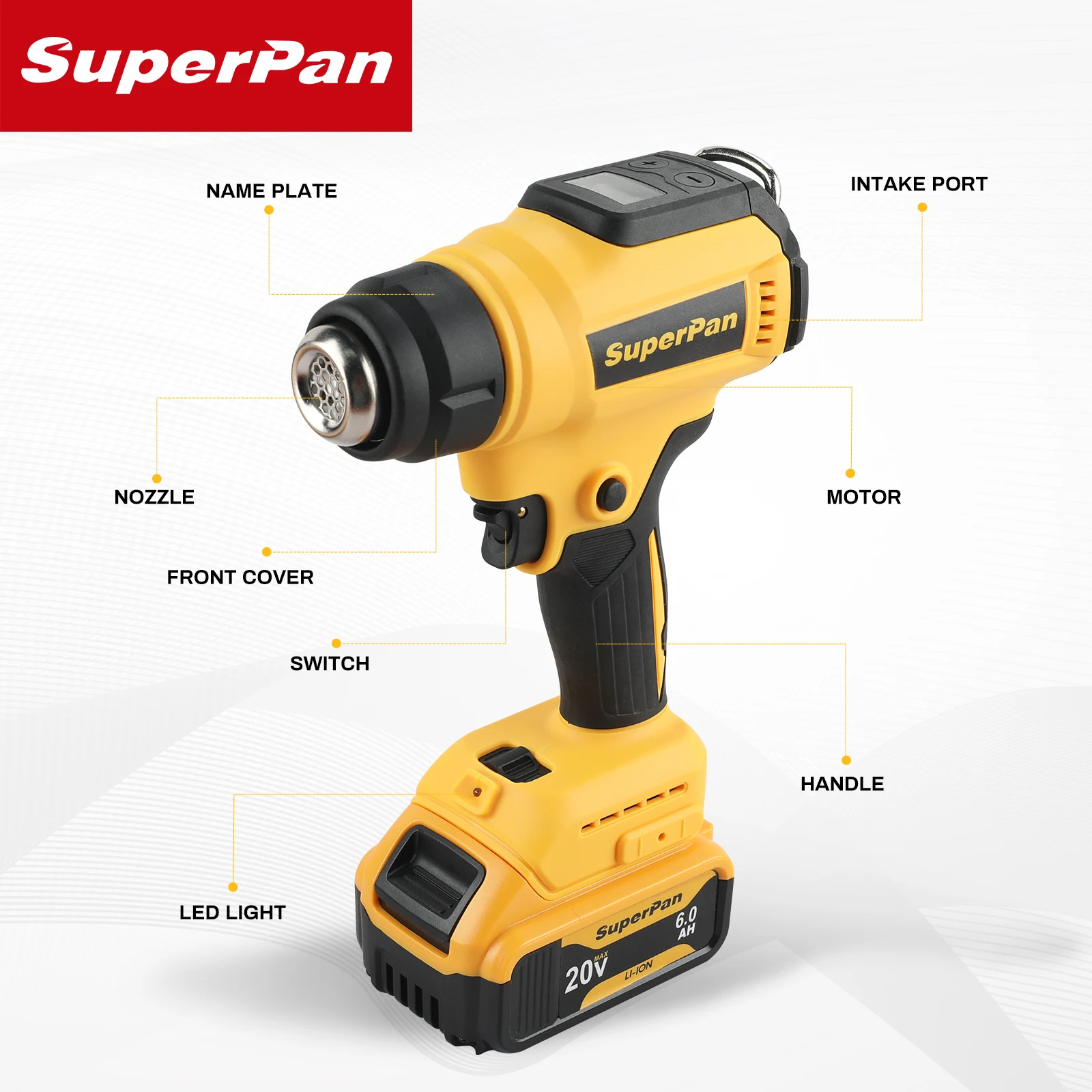Superpan LED display DEWALT18V battery adjustable temperature cordless Hot air gun 550℃ heat gun nozzle