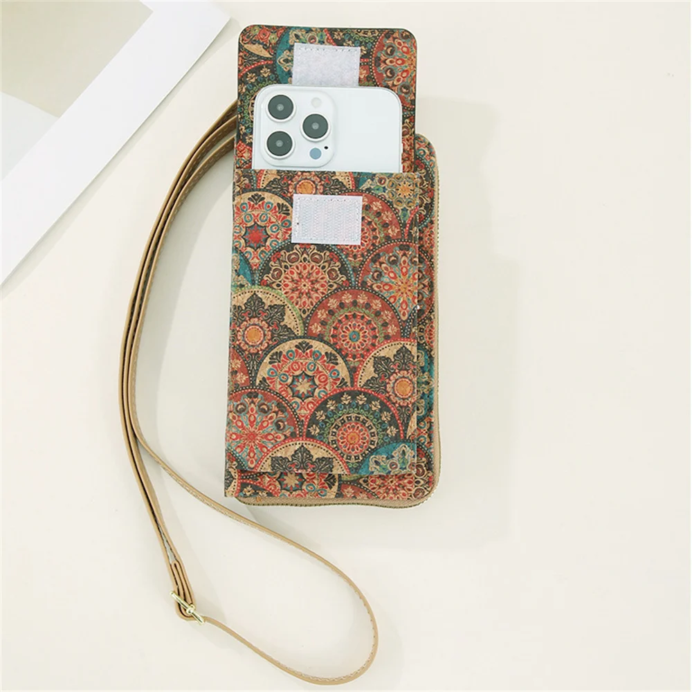 Flower Print Purse Spacious Cork Print Handbag Women'S Mobile Phone Bag Versatile Crossbody Bag For School Everyday Use Outdoor
