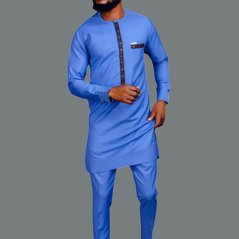 African Two Piece Set Men Outfits Pocket Splice Long Sleeve Round Collar Top Slim Pants Business Suit Africa Summer Gentleman