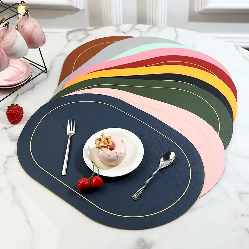 4X New Nordic Style Dual Color Contrast Oval PU Leather Placemat Waterproof Oil Proof Thermal Insulation Dining Table Decor Mat