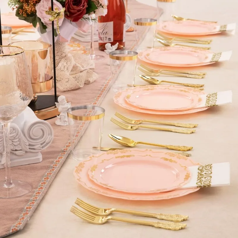 Pink and Gold Plastic Plates and Cups 210 Gold Rimmed Dessert Plates/Salad Plates