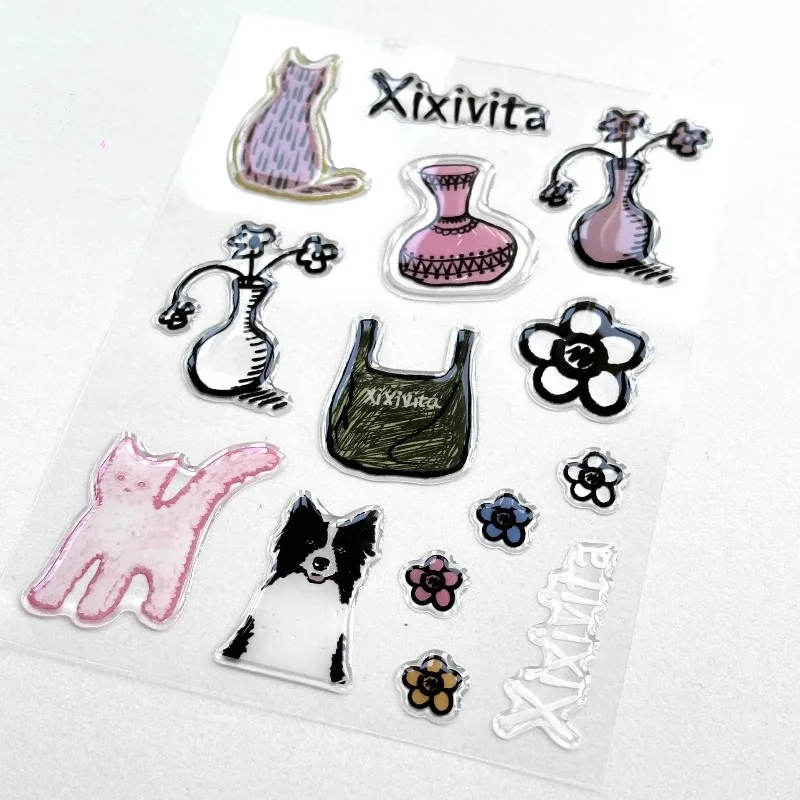 Korean Simple Ins Style Epoxy Transparent Jelly Cute Cartoon Small Animal Boys Girls Kids Pet Bag Flower Sticker