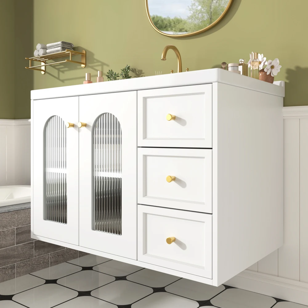 80 cm Schwebender Multifunktionaler Badezimmerschrank, MDF-Platte, Großes Stauraumvolumen, Mit Keramik-Waschbecken – Detail 15